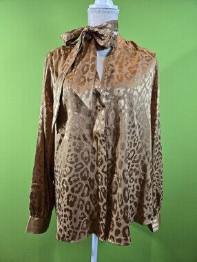 The Express Animal Leopard Print Satin Gold Tan Long Sleeve Blouse Shirt